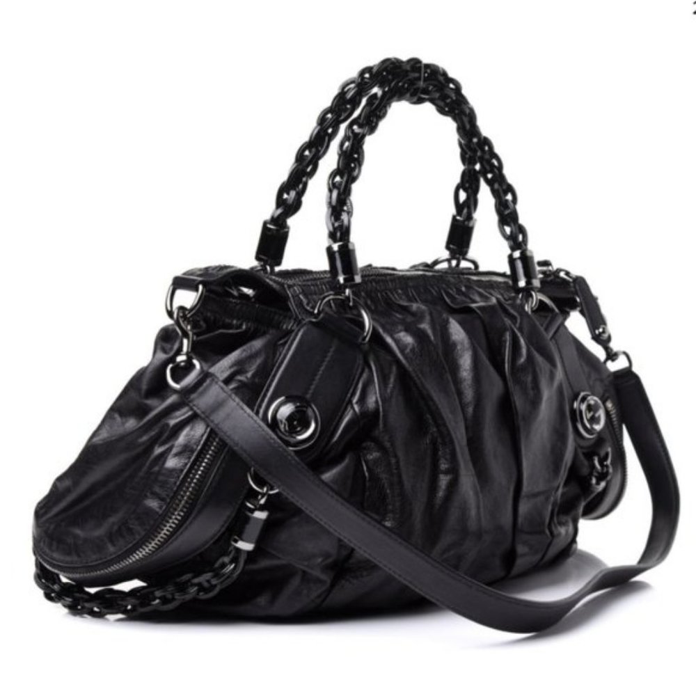 GUCCI Galaxy Two-Way Bag Black Leather Vintage Medium Satchel Purse Silver Chain - Picture 6 of 13